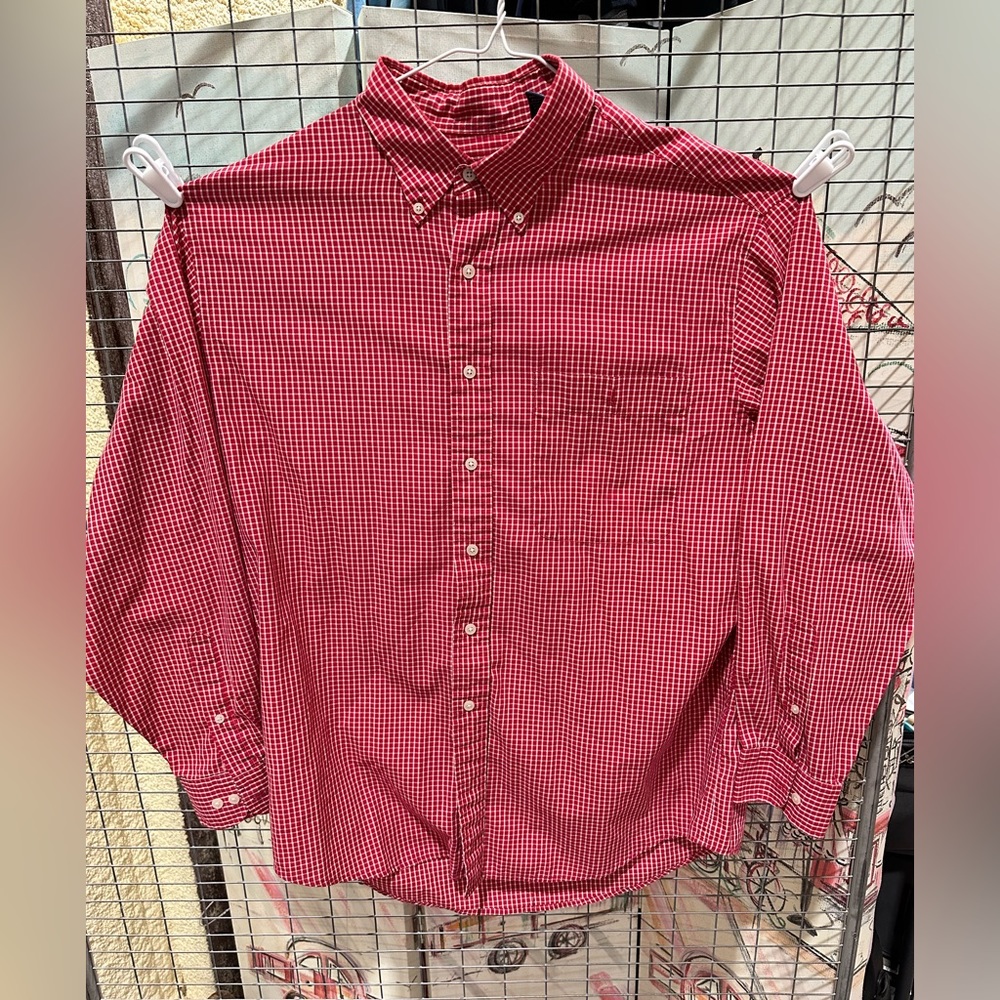 Lands End Mens Size large 16-16.5 Red Plaid Cotton Button Down Dress Shirt